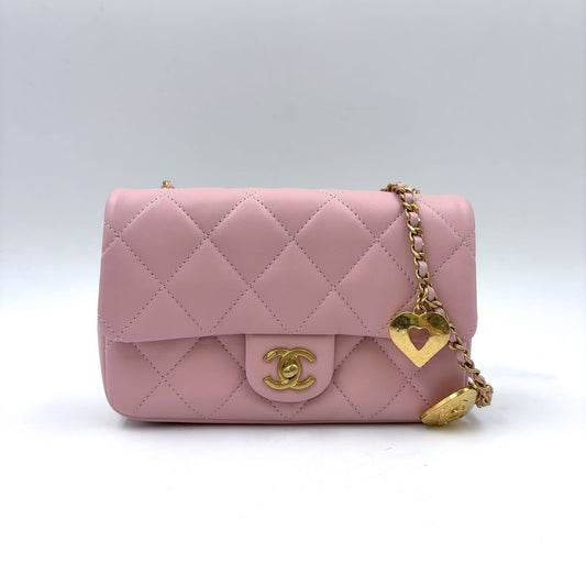 Chanel Mini Quilted Heart Charm Random Lambskin Pink Chain Shoulder Bag Gold