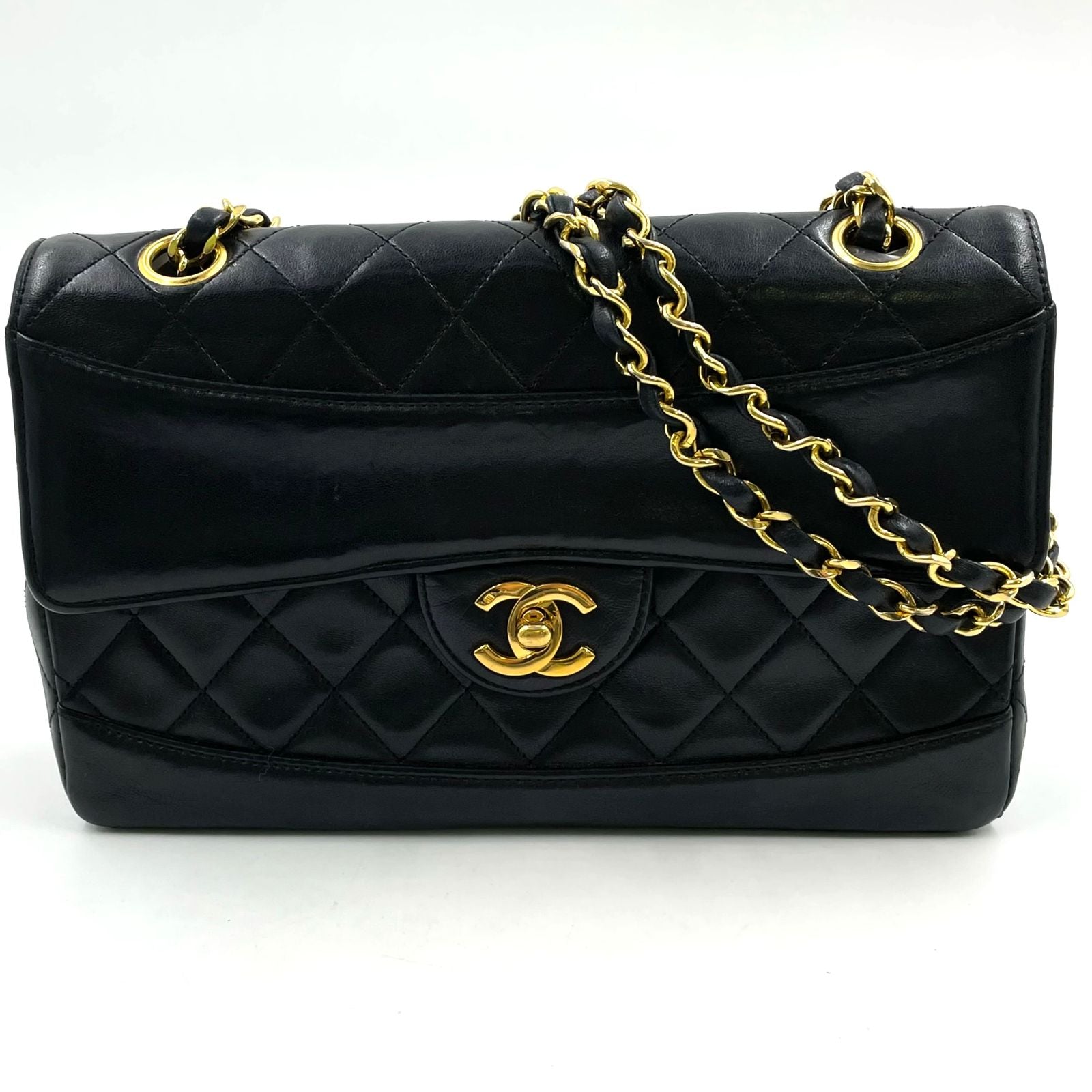 Chanel Quilted Single Flap Pouch Lambskin Black Chain Shoulder Bag Gold
