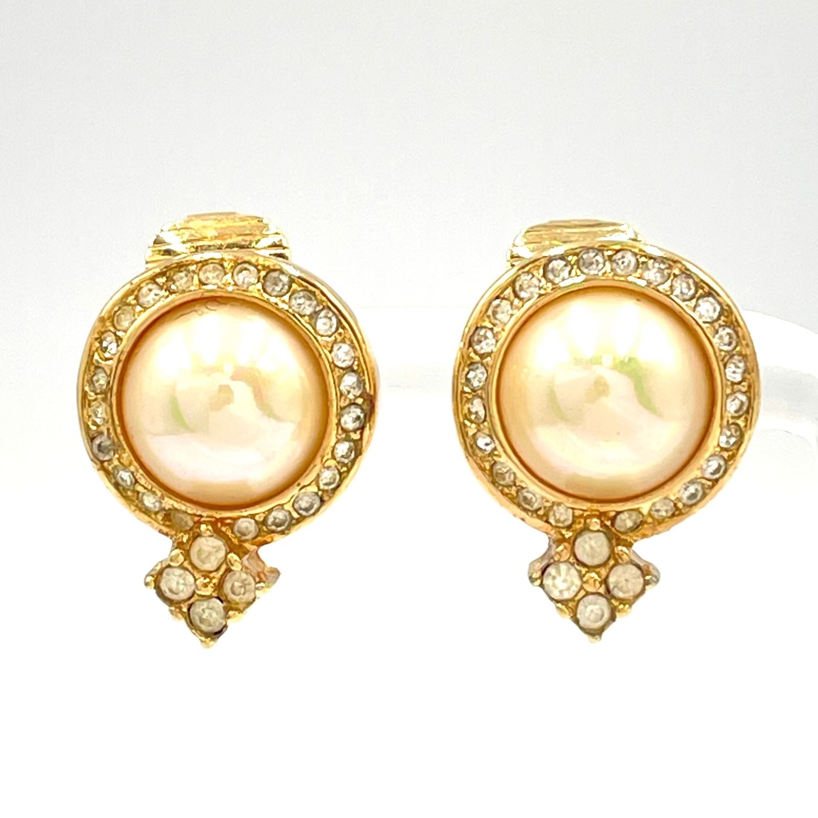 Dior Line Stone Faux Pearl Off White Gold Earrings