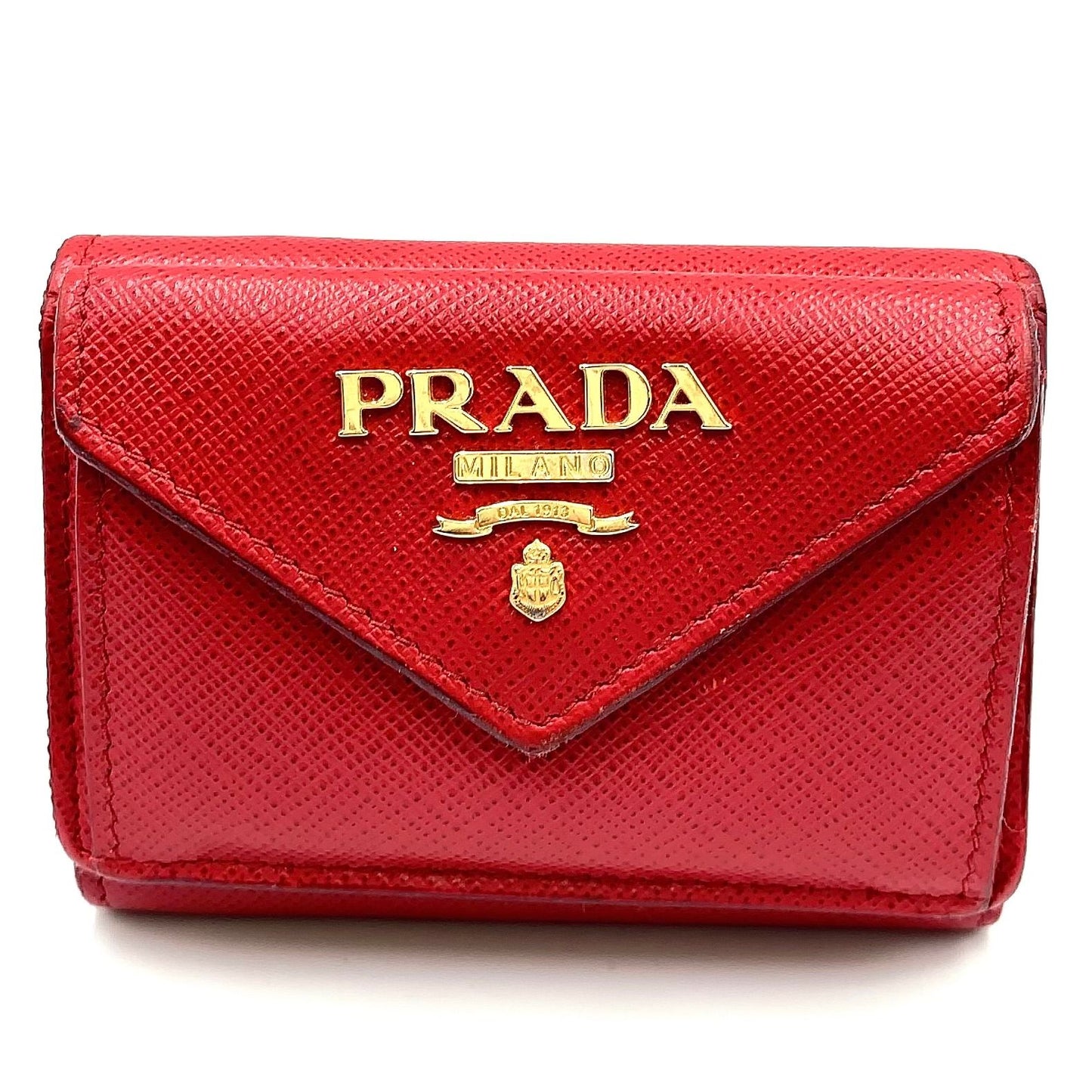 Prada Saffiano Leather Compact Trifold Red Wallet Gold