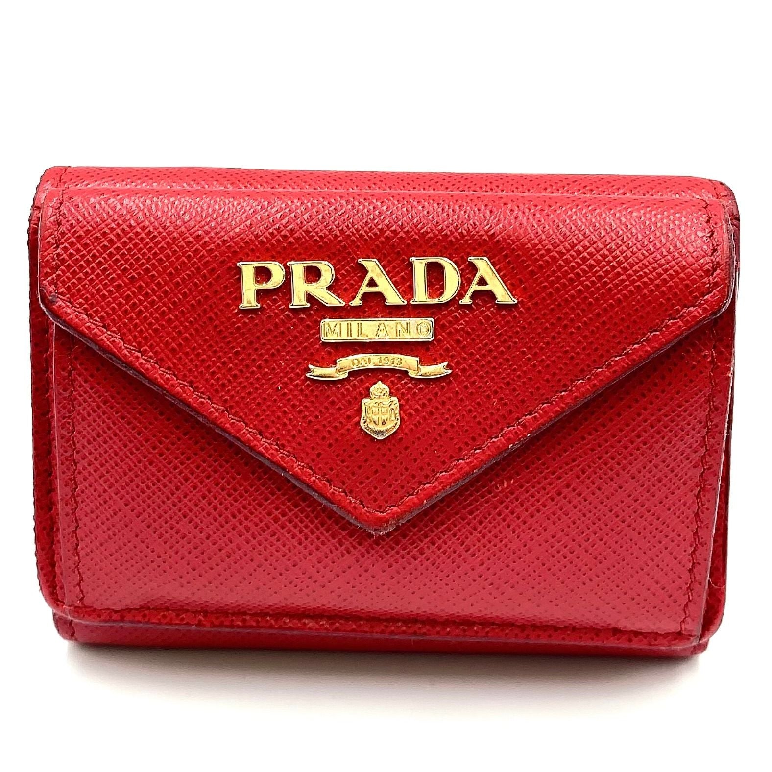 Prada Saffiano Leather Compact Trifold Red Wallet Gold
