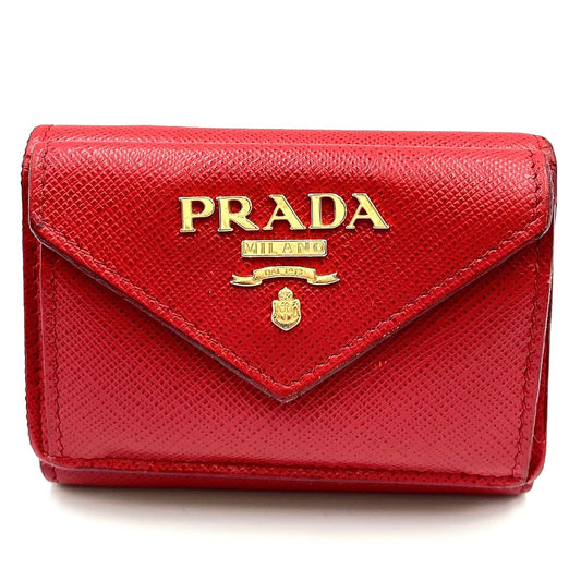 Prada Saffiano Leather Compact Trifold Red Wallet Gold