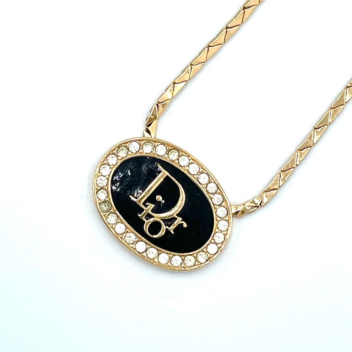 Dior Oval Oblique Line Stone Gold Black Necklace