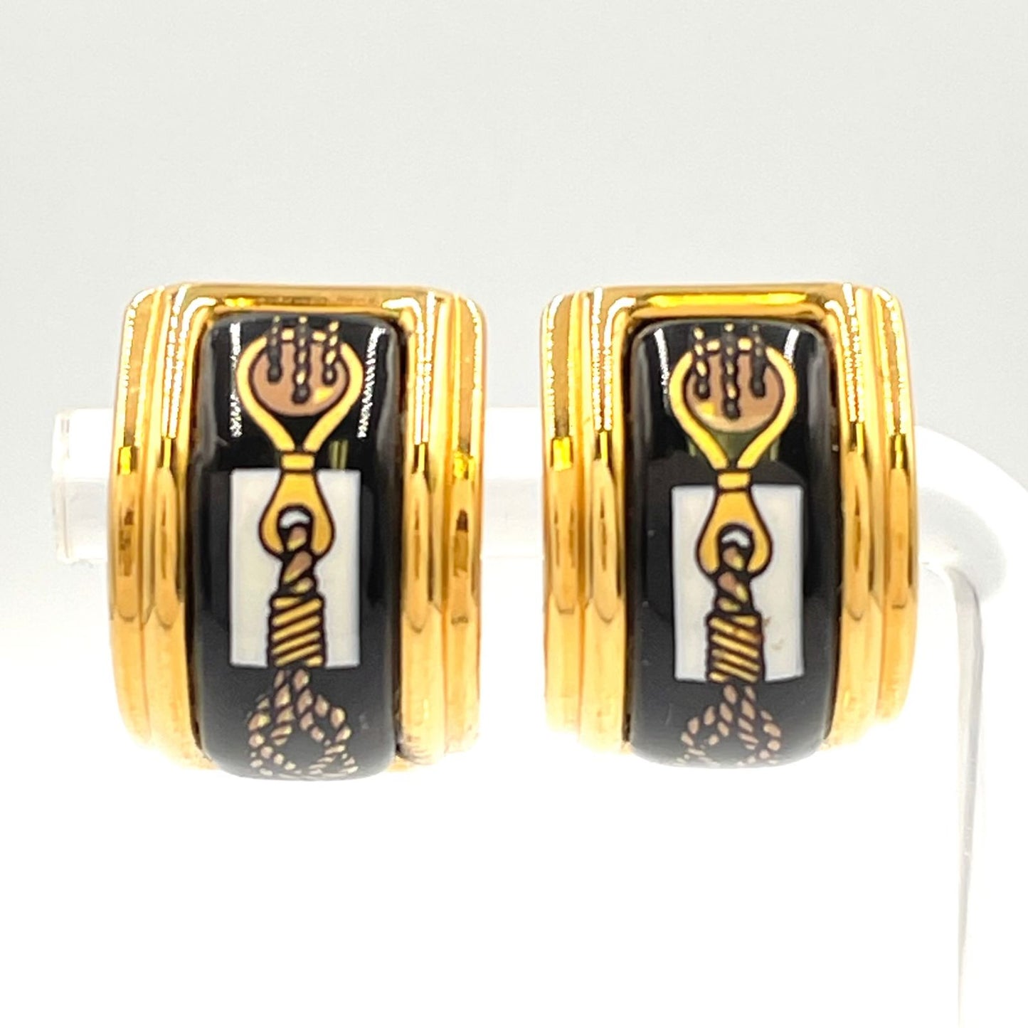 Hermes Enamel Gold Plated Black Earrings