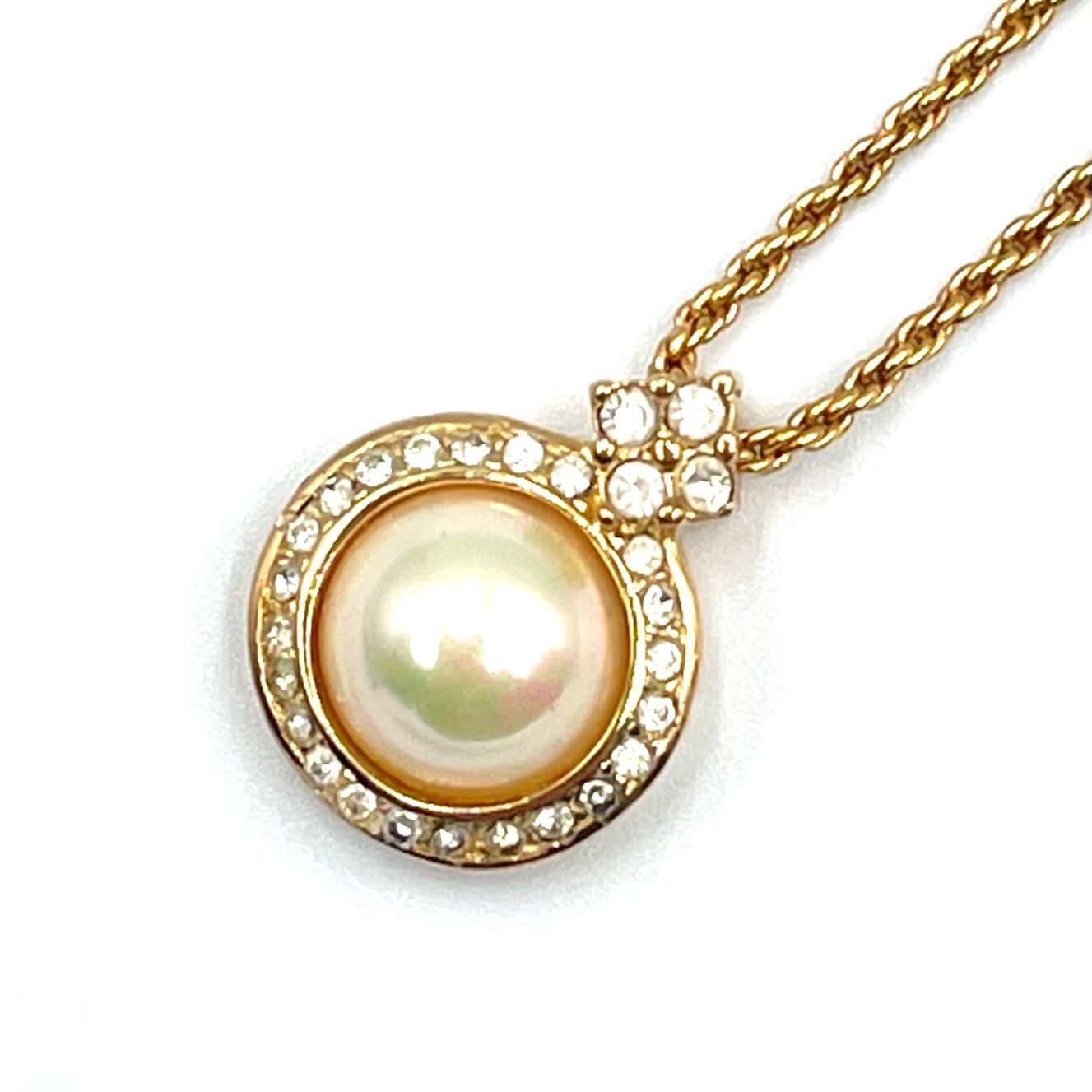 Dior Faux Pearl Line Stone Gold Necklace