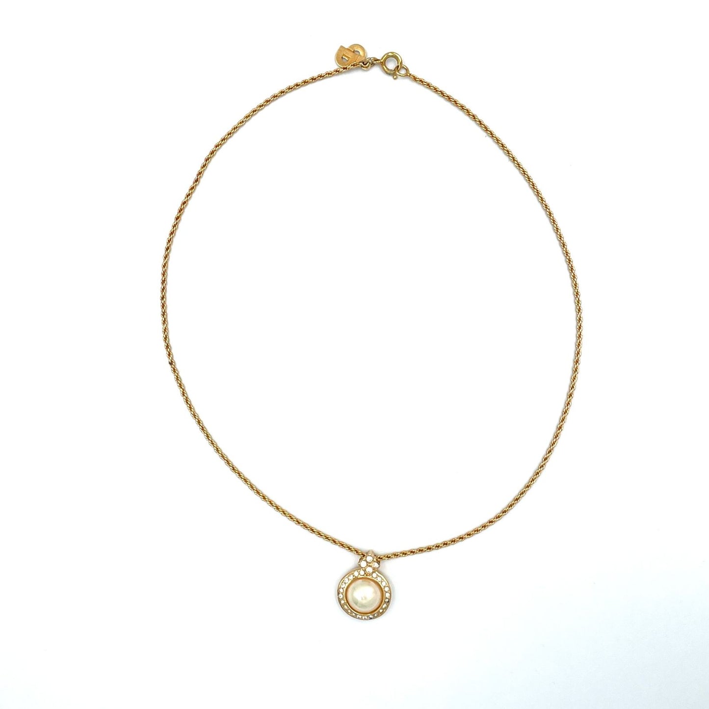 Dior Faux Pearl Line Stone Gold Necklace — view 3