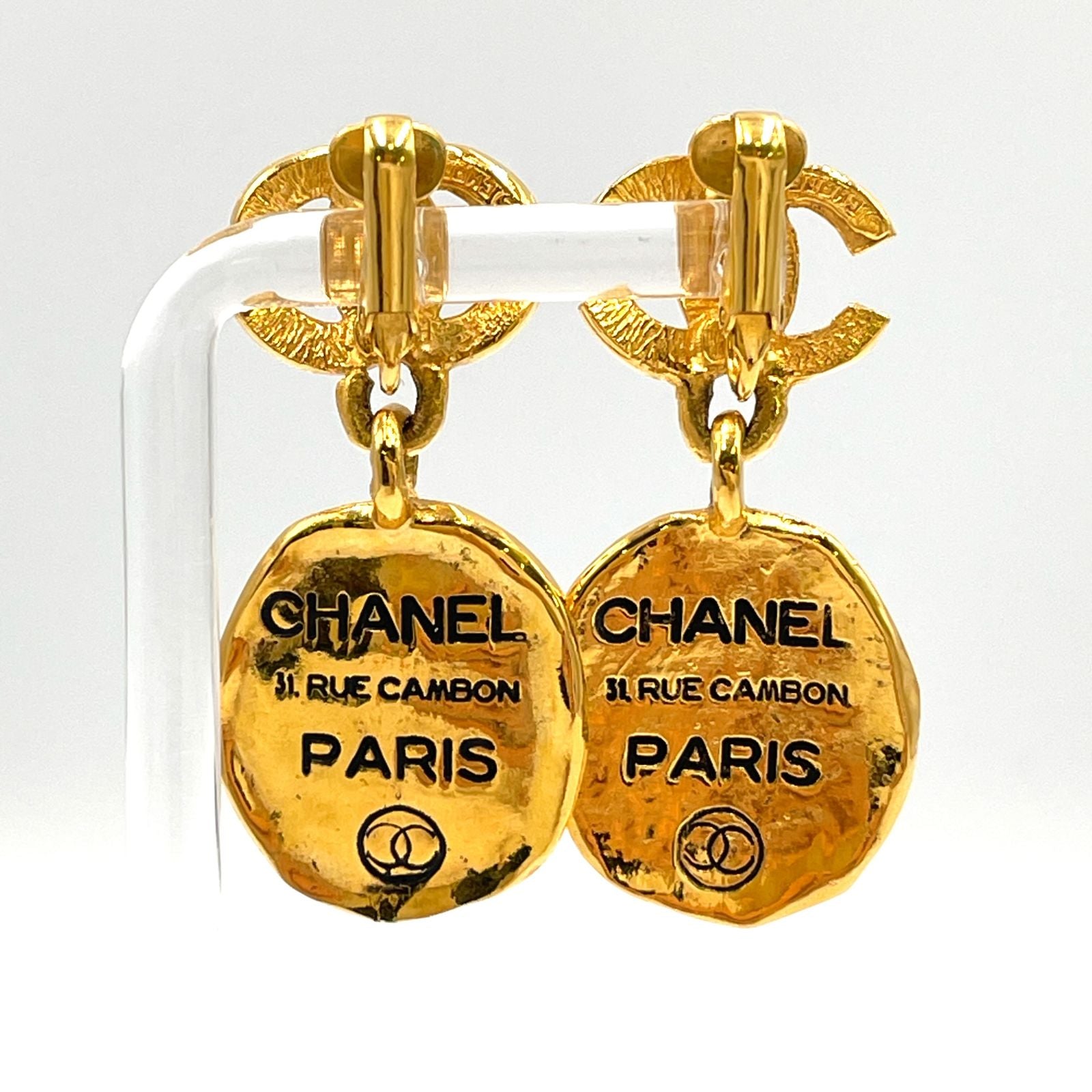 Chanel CC Logo Cambon Plate Gold Plated Earrings — view 2