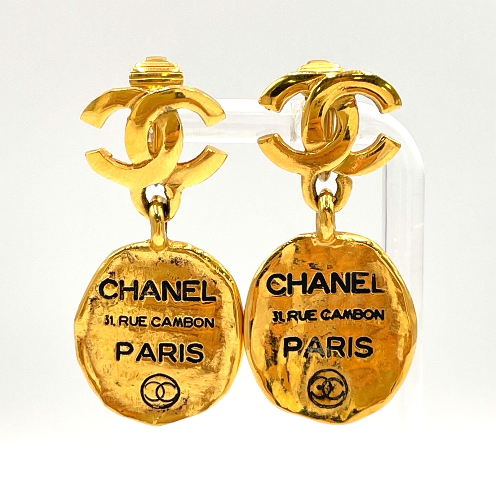 Chanel CC Logo Cambon Plate Gold Plated Earrings