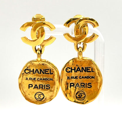 Chanel CC Logo Cambon Plate Gold Plated Earrings