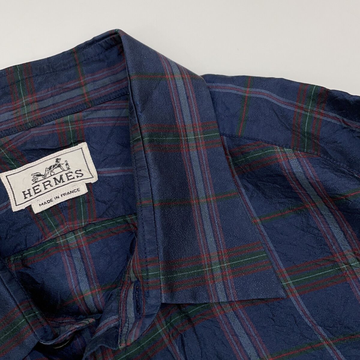 Hermes Blue Madras Check Silk 100 Long Sleeve Shirt 42 — view 8