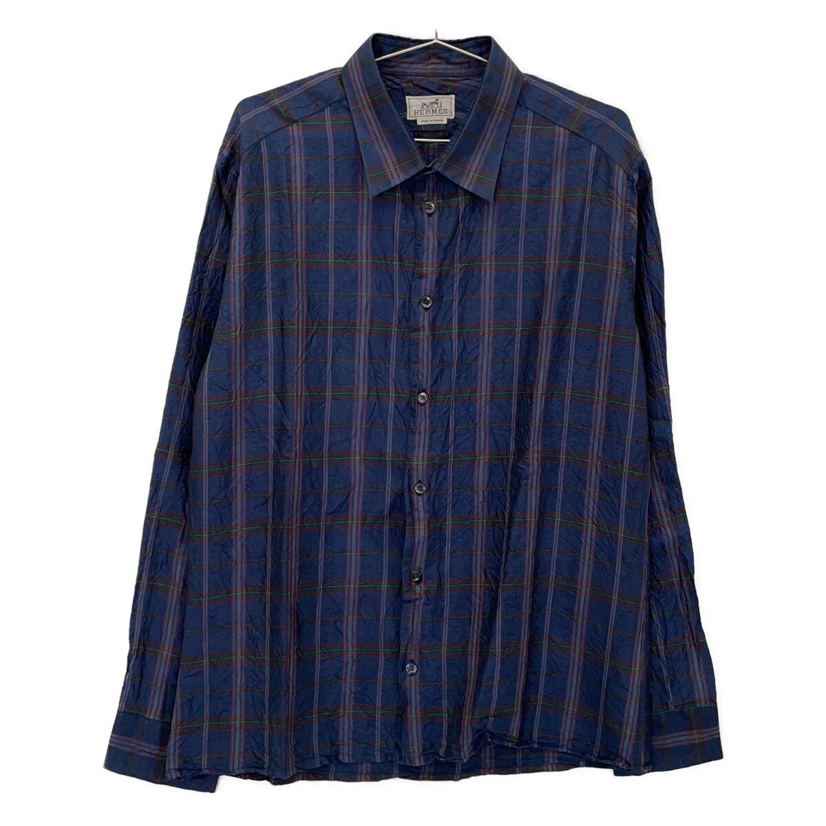 Hermes Blue Madras Check Silk 100 Long Sleeve Shirt 42