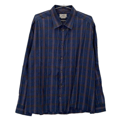Hermes Blue Madras Check Silk 100 Long Sleeve Shirt 42