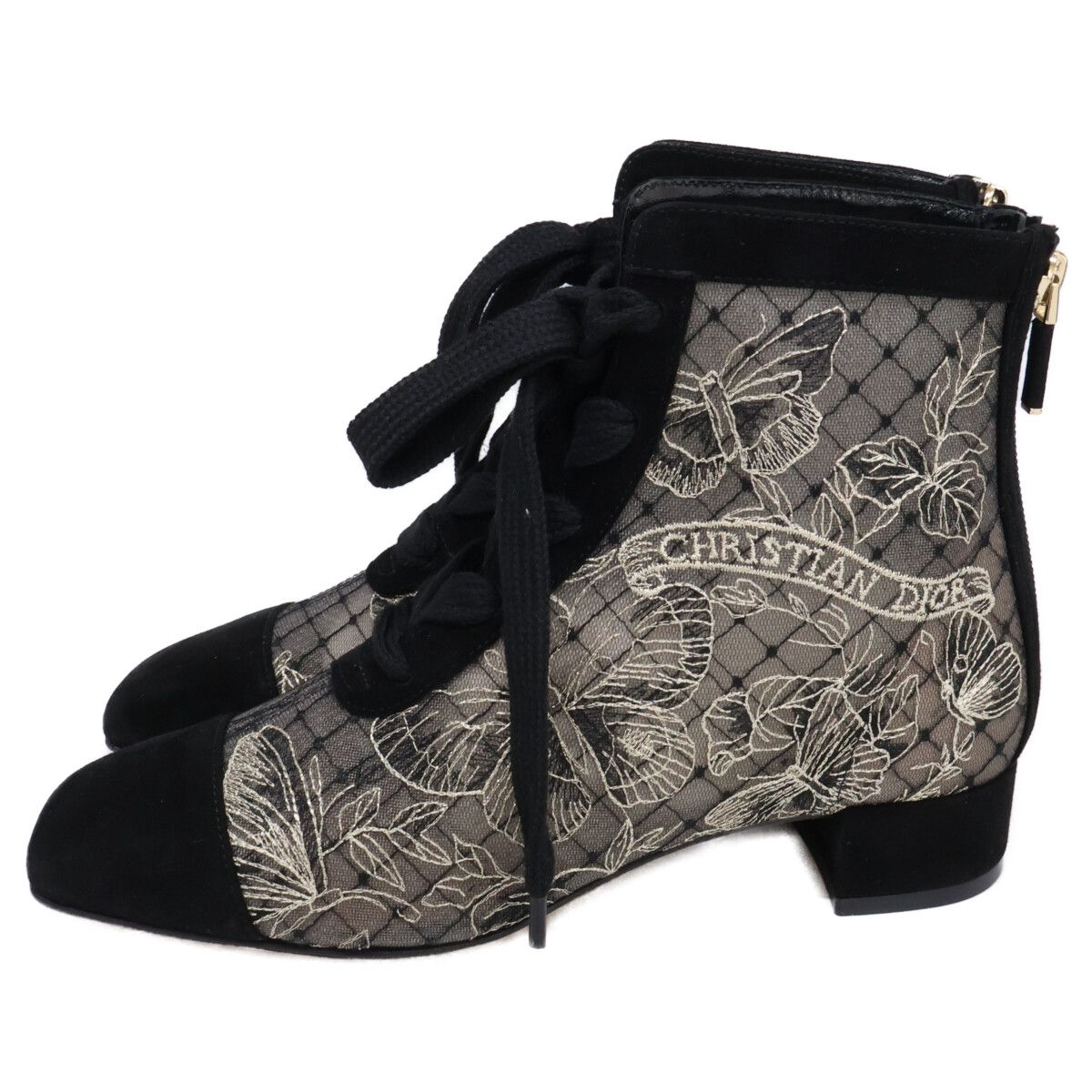 Dior Naughtily-d Suede Embroidered Mesh Butterfly Lace Up Heels Short Boots — view 2