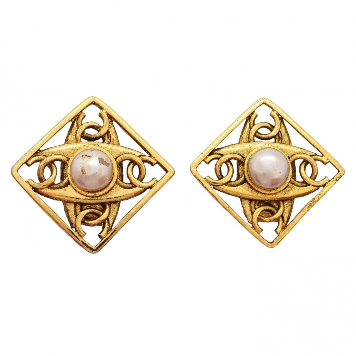 Chanel Earrings Vintage CC Logo Square Gold Plated Faux Pearl