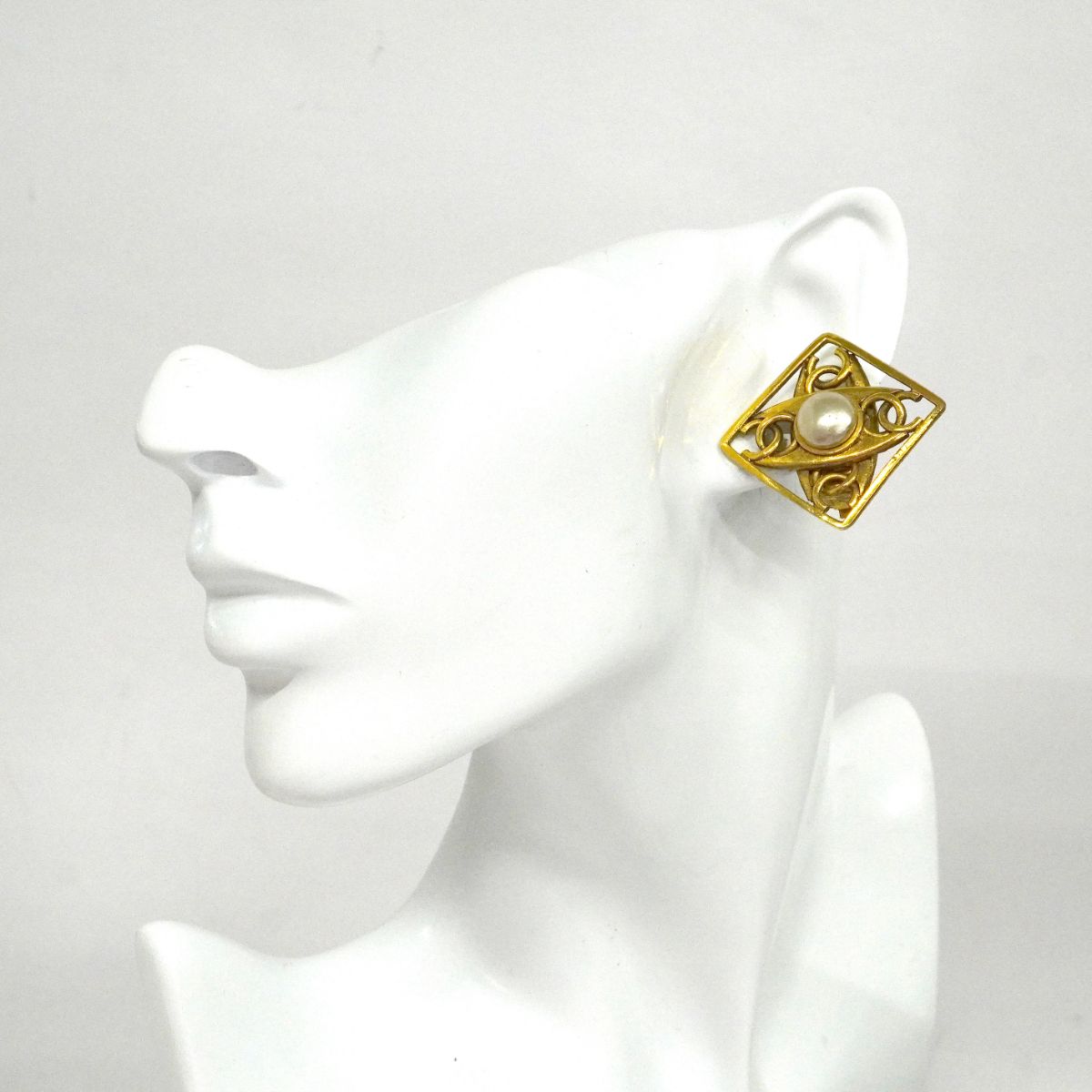Chanel Earrings Vintage CC Logo Square Gold Plated Faux Pearl — view 5