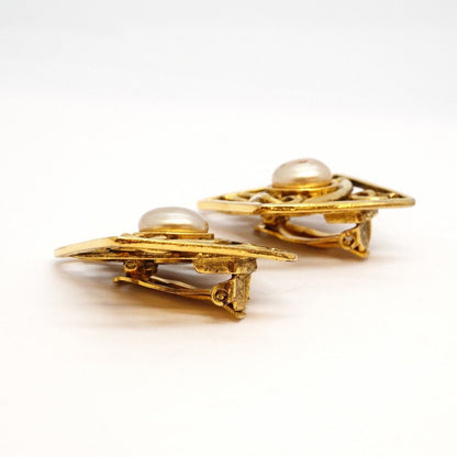 Chanel Earrings Vintage CC Logo Square Gold Plated Faux Pearl — view 2