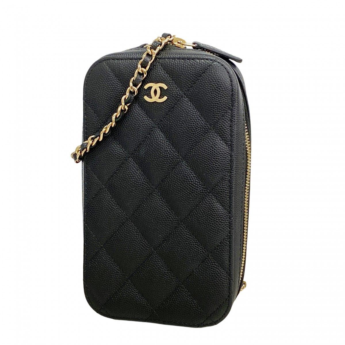 Chanel Shoulder Bag Quilted Caviar Leather Black Champagne Gold