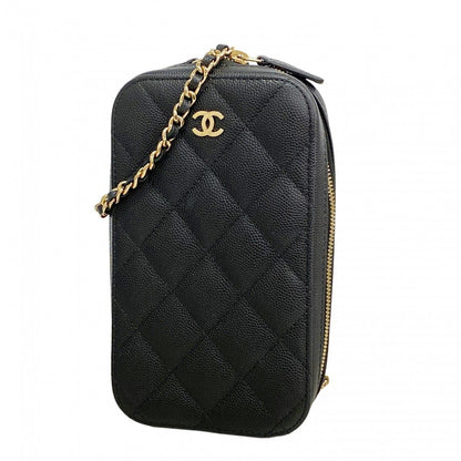 Chanel Shoulder Bag Quilted Caviar Leather Black Champagne Gold