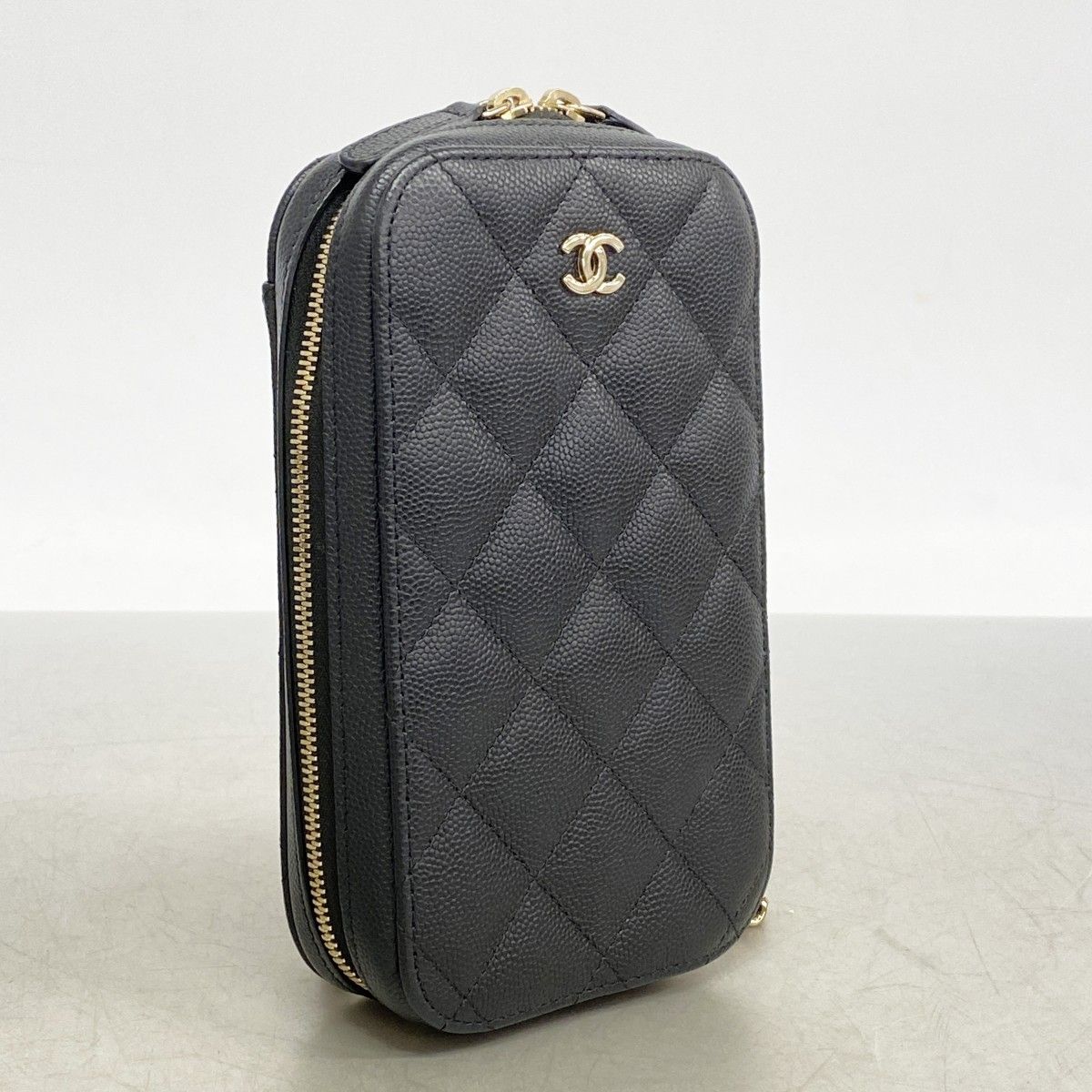 Chanel Shoulder Bag Quilted Caviar Leather Black Champagne Gold — view 2