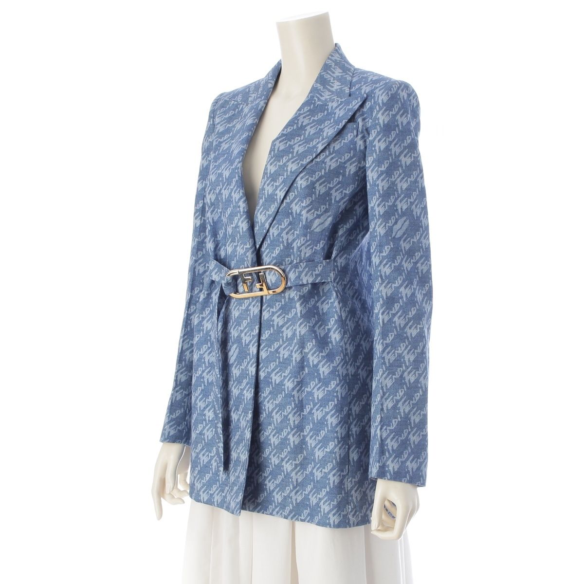 Fendi Chambray All Over Pattern Jacket with Belt Blue 34 — view 2