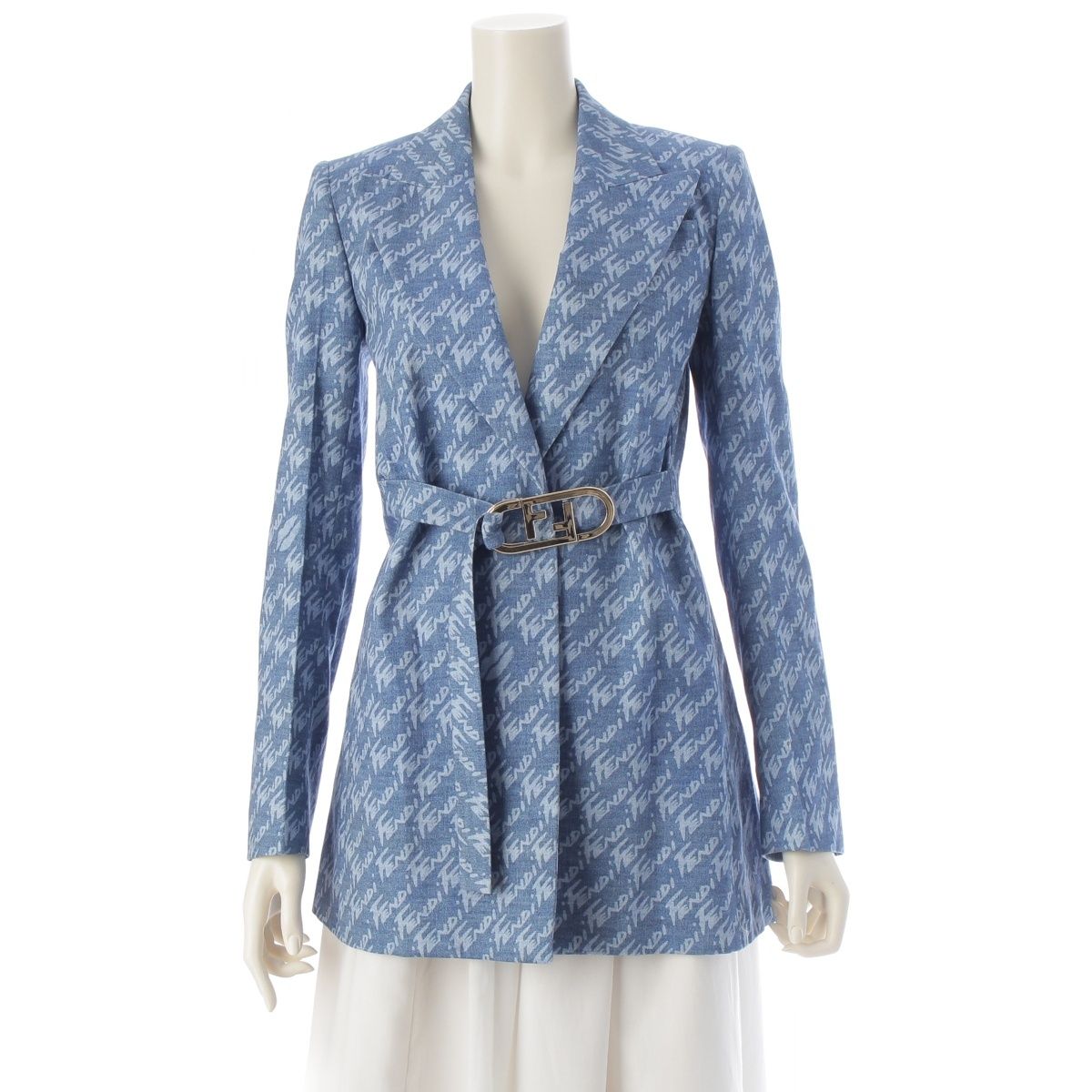 Fendi Chambray All Over Pattern Jacket with Belt Blue 34