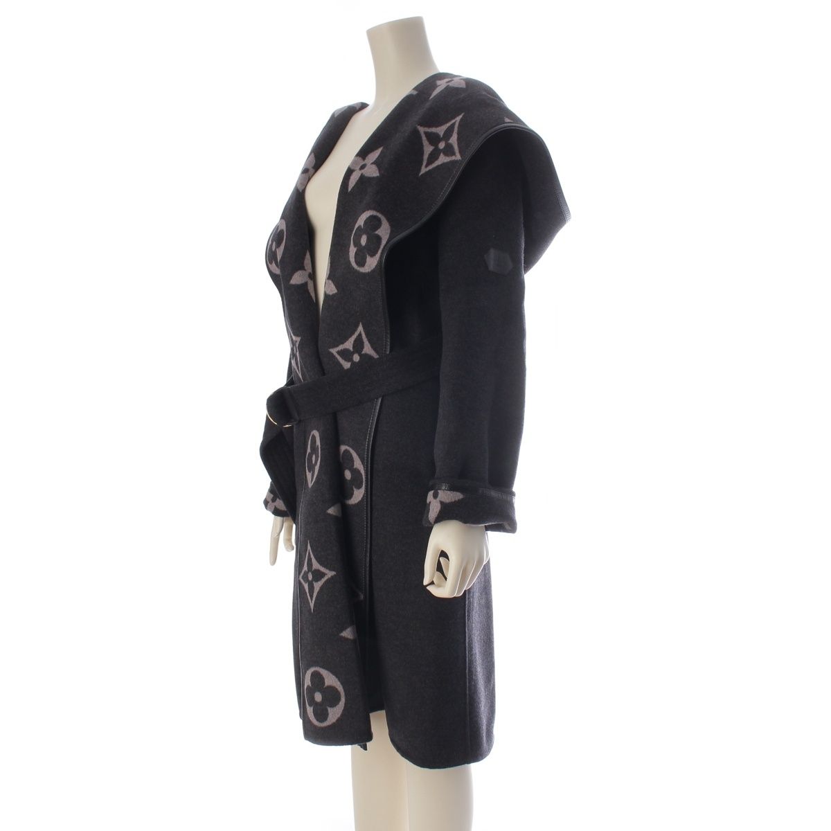 Louis Vuitton Silk Blend Wool Monogram Giant Hooded Wrap Coat Gray 34 — view 2