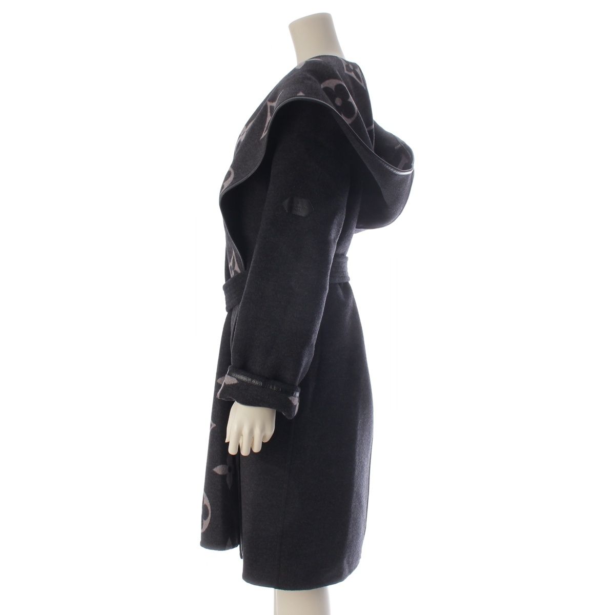 Louis Vuitton Silk Blend Wool Monogram Giant Hooded Wrap Coat Gray 34 — view 3