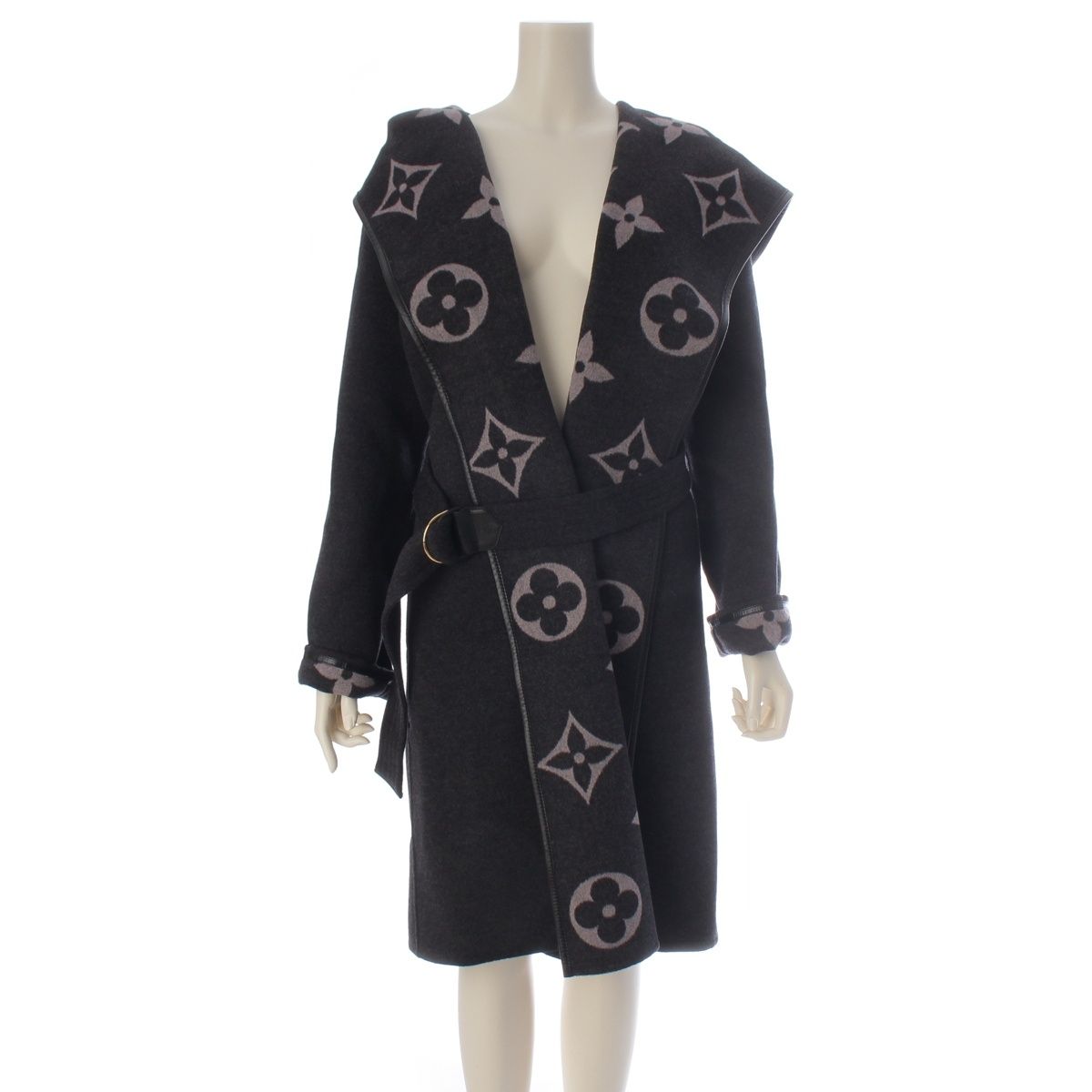 Louis Vuitton Silk Blend Wool Monogram Giant Hooded Wrap Coat Gray 34
