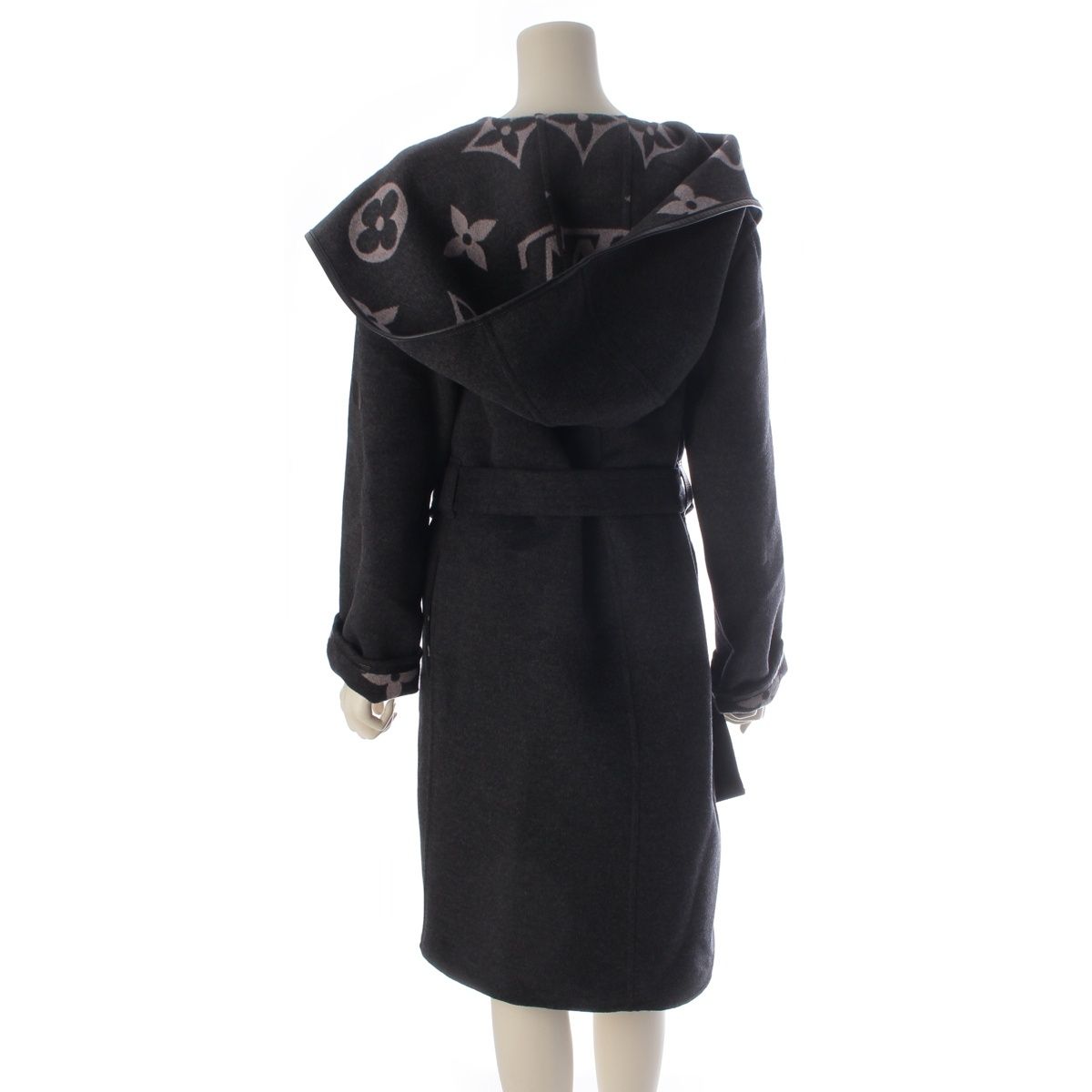Louis Vuitton Silk Blend Wool Monogram Giant Hooded Wrap Coat Gray 34 — view 4