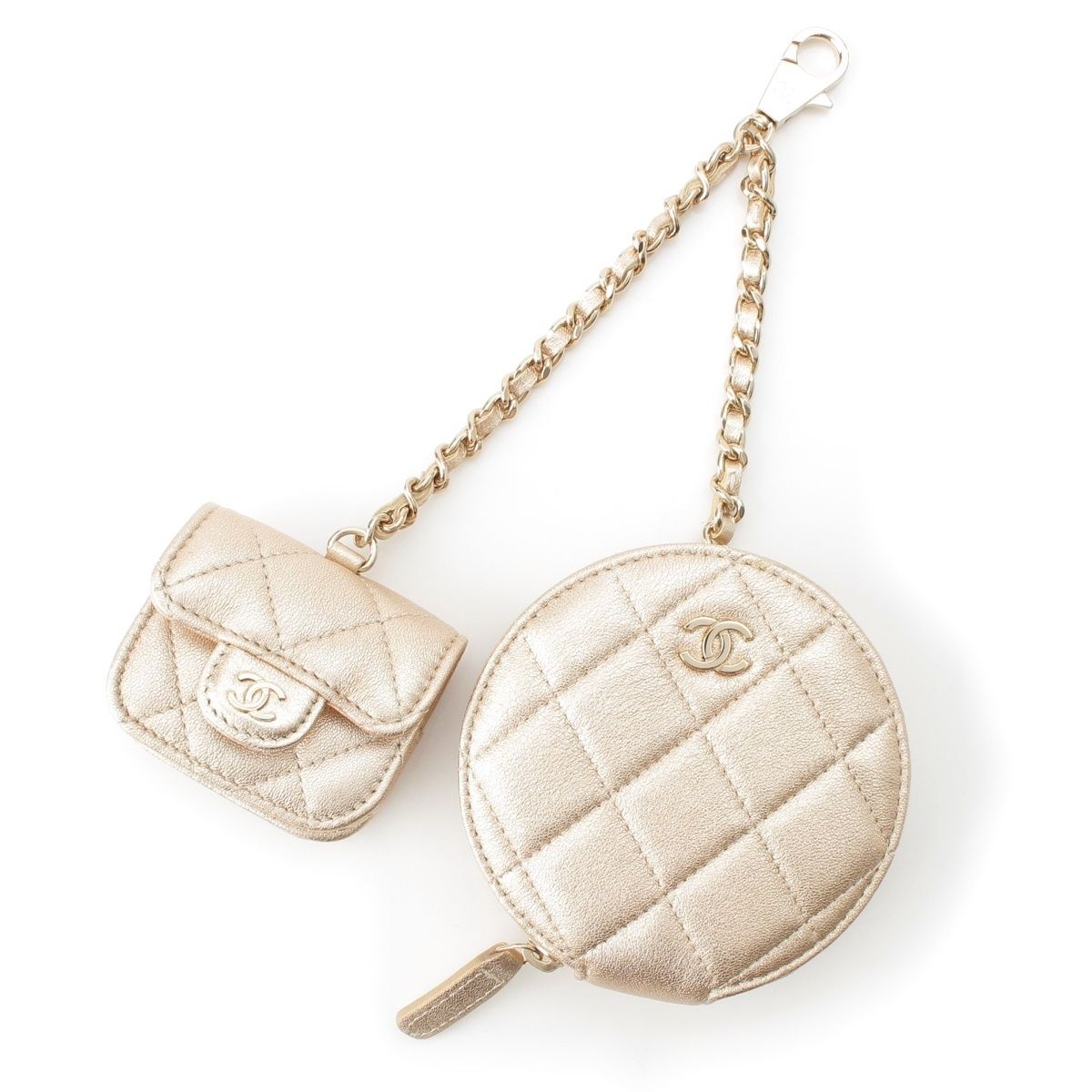 Chanel Quilted Lambskin CC Logo Airpods Case Coin Champagne Gold