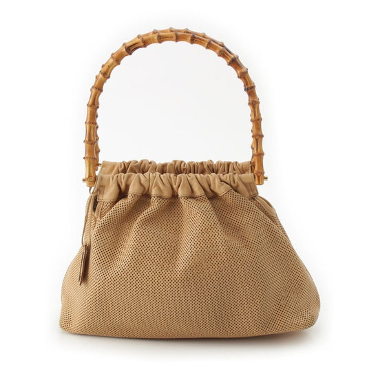 Gucci Bamboo Handle Perforated Leather Bucket with Handbag Pouch Beige