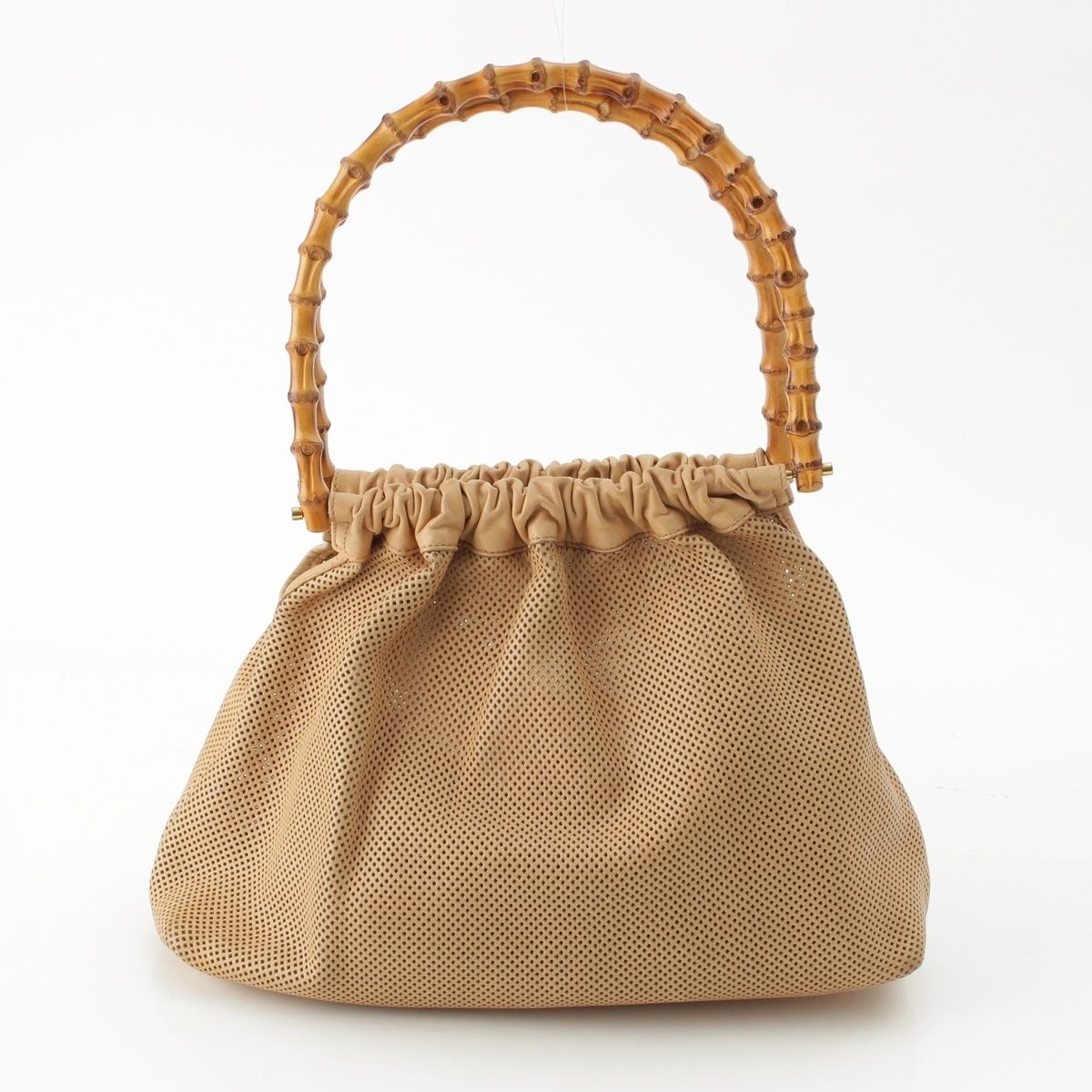Gucci Bamboo Handle Perforated Leather Bucket with Handbag Pouch Beige — view 4