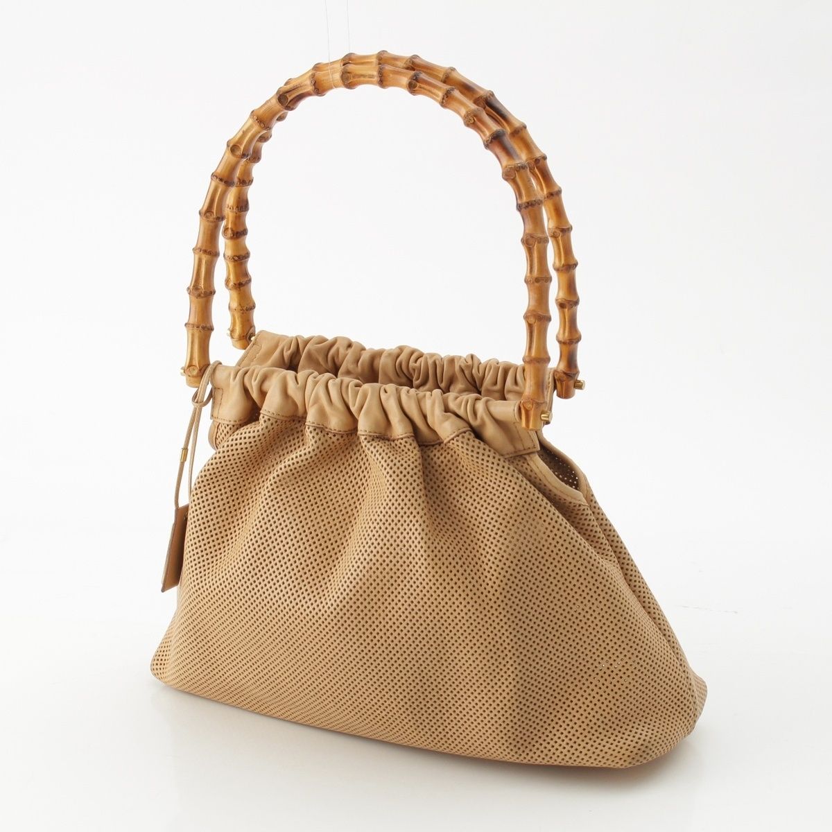 Gucci Bamboo Handle Perforated Leather Bucket with Handbag Pouch Beige — view 2