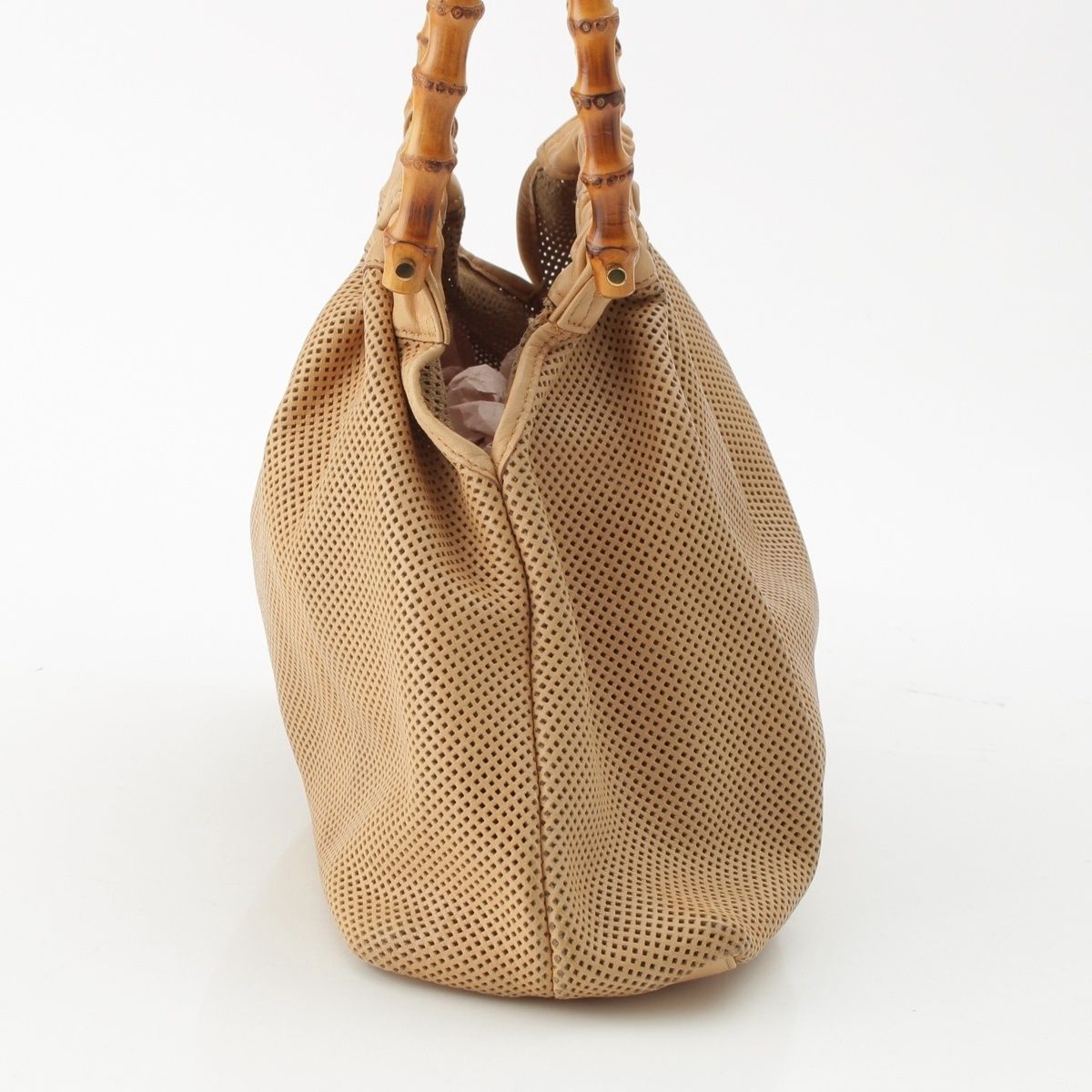 Gucci Bamboo Handle Perforated Leather Bucket with Handbag Pouch Beige — view 3