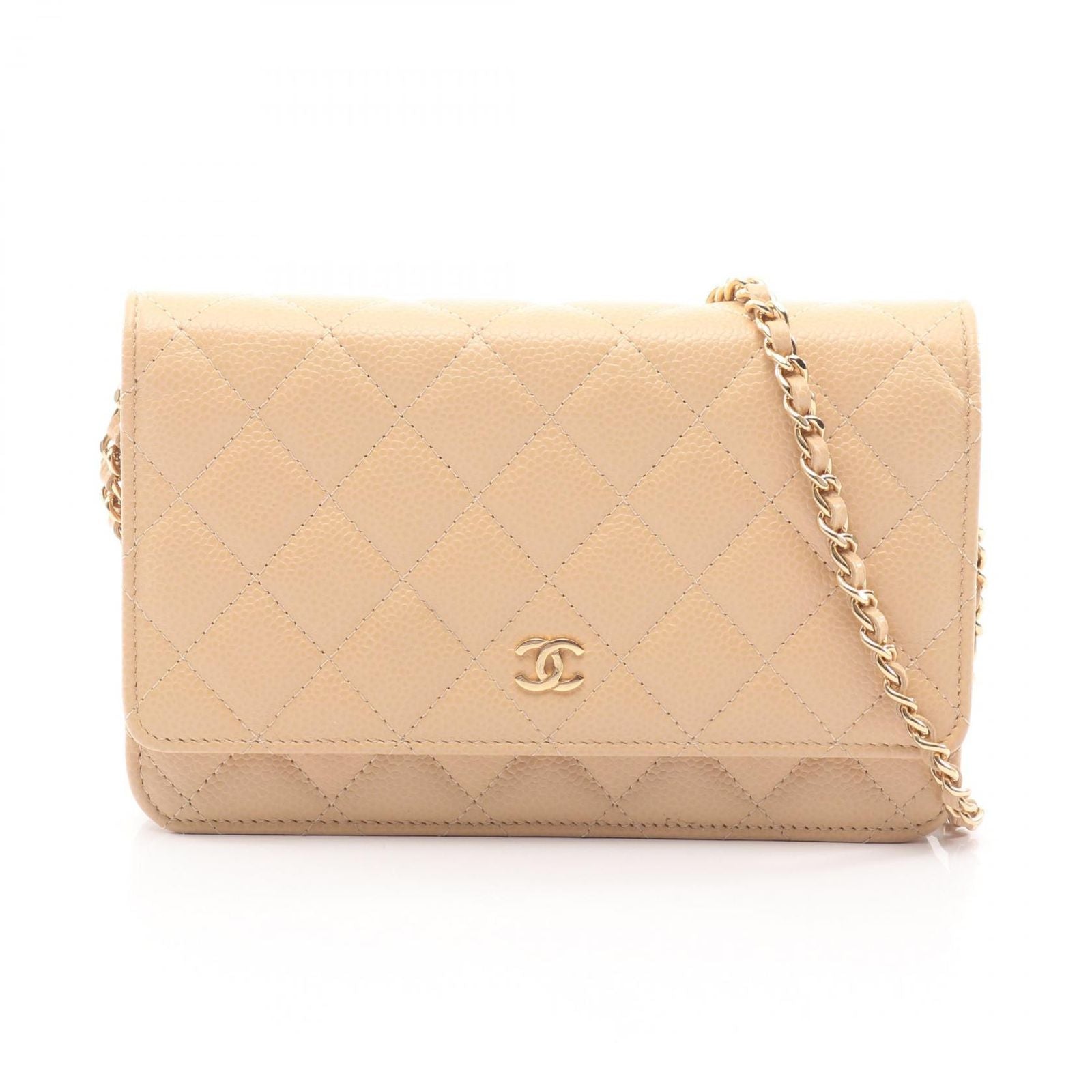 Chanel Shoulder Bag Quilted Beige Caviar Leather Chain Wallet