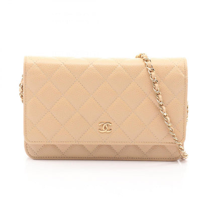Chanel Shoulder Bag Quilted Beige Caviar Leather Chain Wallet