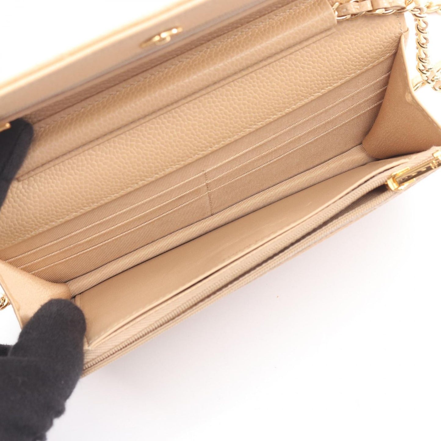 Chanel Shoulder Bag Quilted Beige Caviar Leather Chain Wallet — view 3