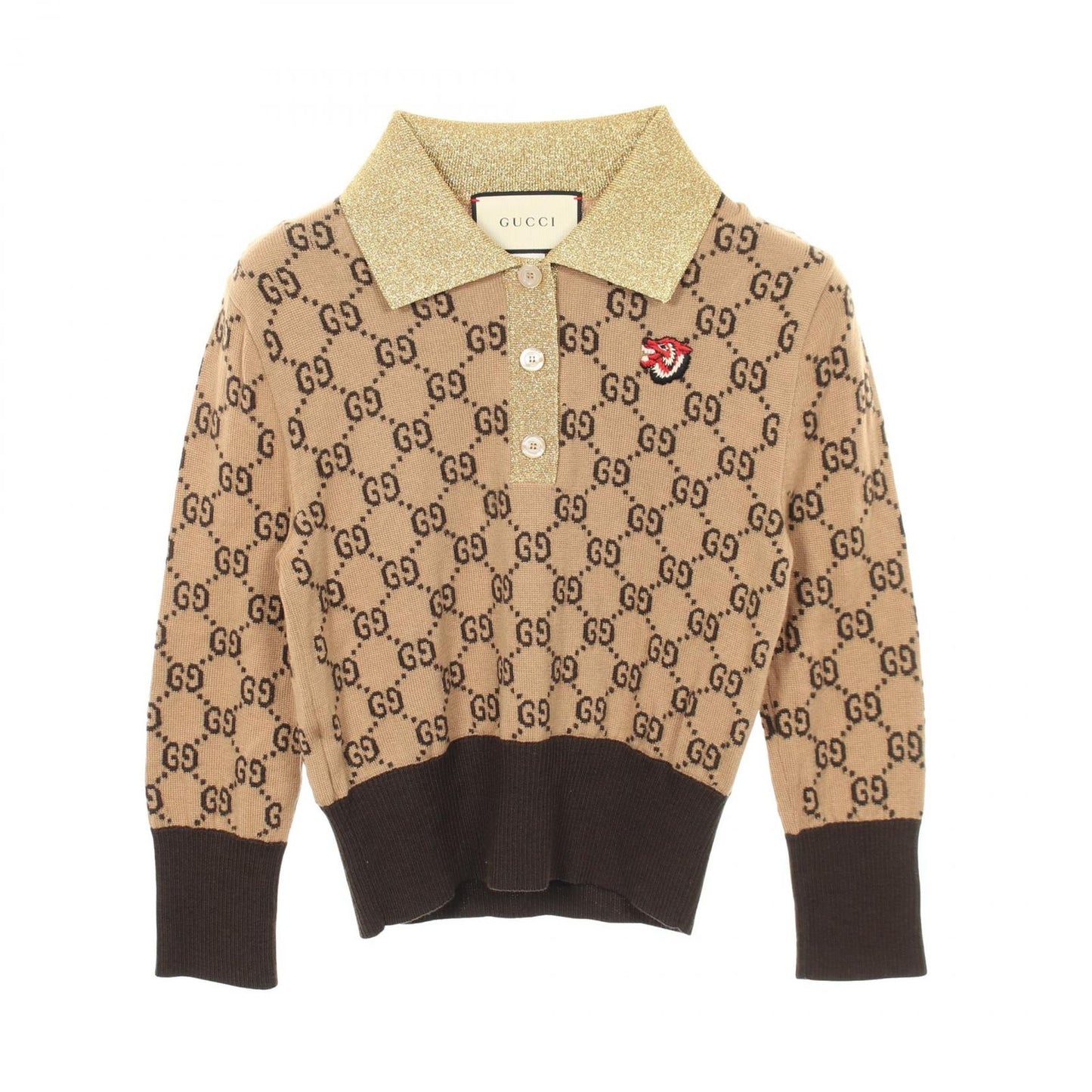 Gucci Knit GG Pattern Wolf Patch Cropped Shirt Wool Polo Sweater
