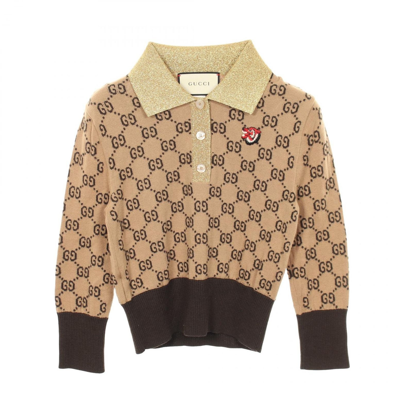 Gucci Knit GG Pattern Wolf Patch Cropped Shirt Wool Polo Sweater