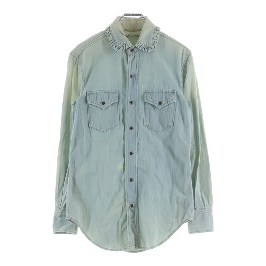 Saint Laurent Paris Collar Ruffle Denim Western Shirt Indigo