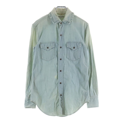 Saint Laurent Paris Collar Ruffle Denim Western Shirt Indigo