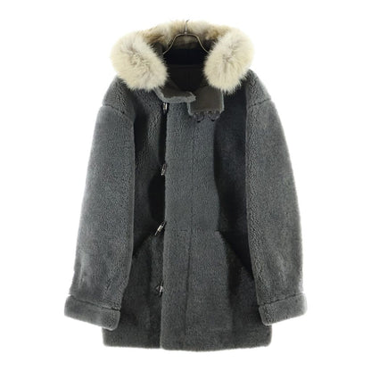 Louis Vuitton Toggle Button Shearling Leather Boa Furred Zip Up Coat Gray