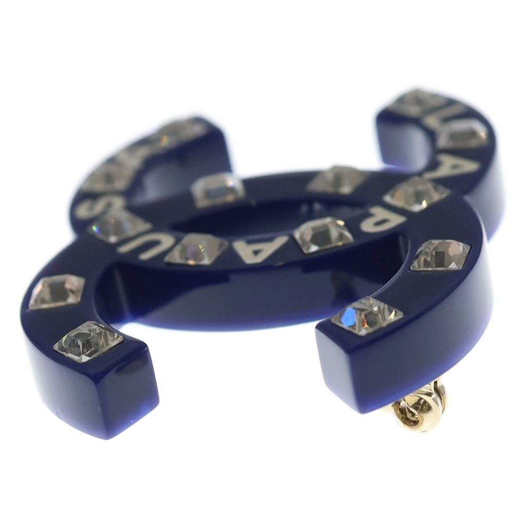 Chanel CC Logo Line Stone Brooch Pin Badge Navy Blue — view 3