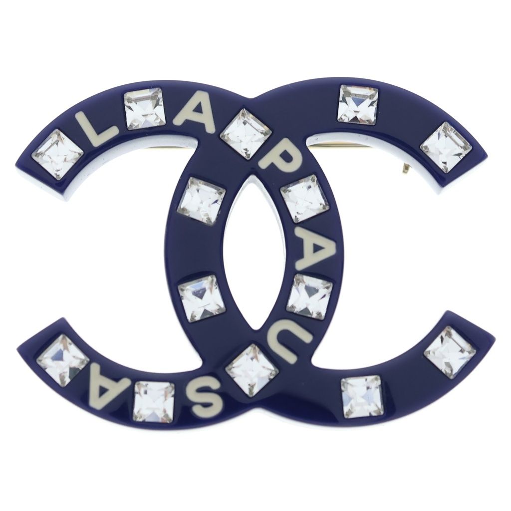 Chanel CC Logo Line Stone Brooch Pin Badge Navy Blue