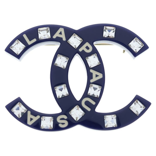 Chanel CC Logo Line Stone Brooch Pin Badge Navy Blue