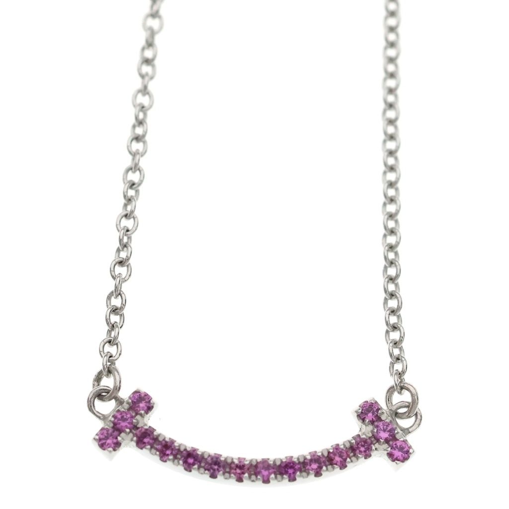 Tiffany & Co T Smile Mini Pink Saffiano Necklace Pendant Chain Silver Purple — view 3