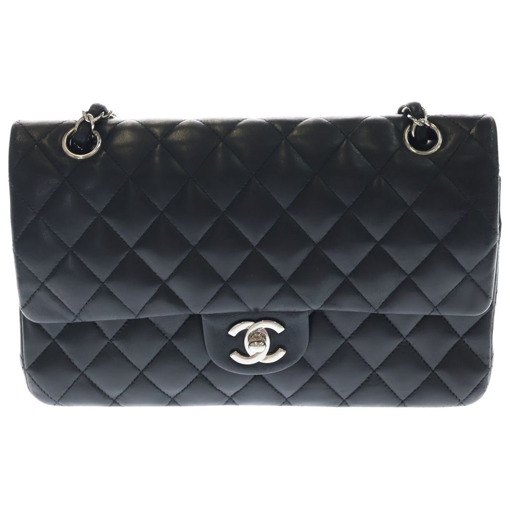Chanel Quilted 25 Double Flap Chain Shoulder Bag Black Lambskin Silver