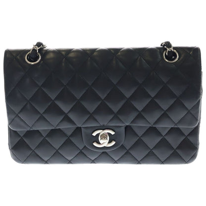 Chanel Quilted 25 Double Flap Chain Shoulder Bag Black Lambskin Silver