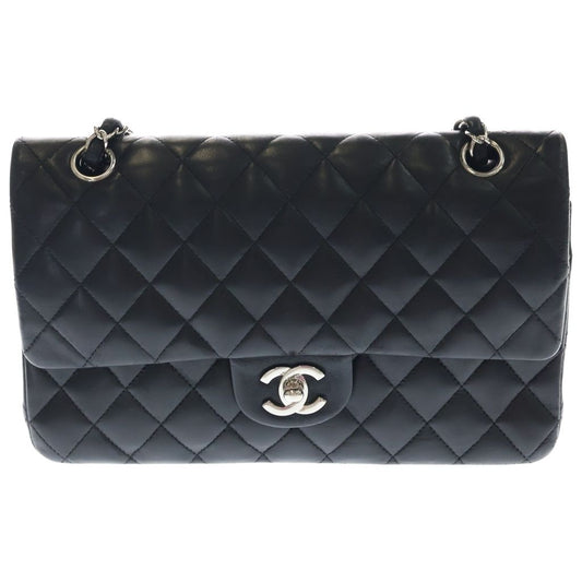 Chanel Quilted 25 Double Flap Chain Shoulder Bag Black Lambskin Silver