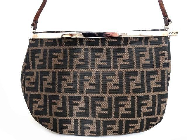 Fendi Shoulder Bag Zucca Pattern Brown Leather Canvas Clasp One Touch Silver